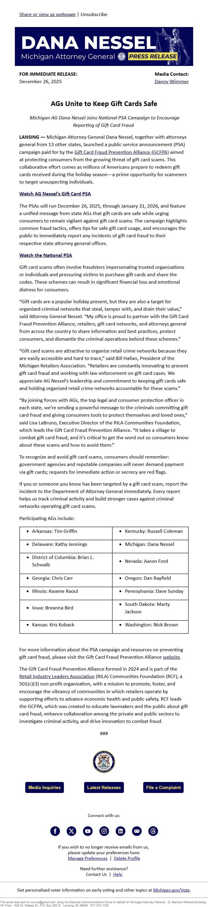 Screenshot of the email generated on import