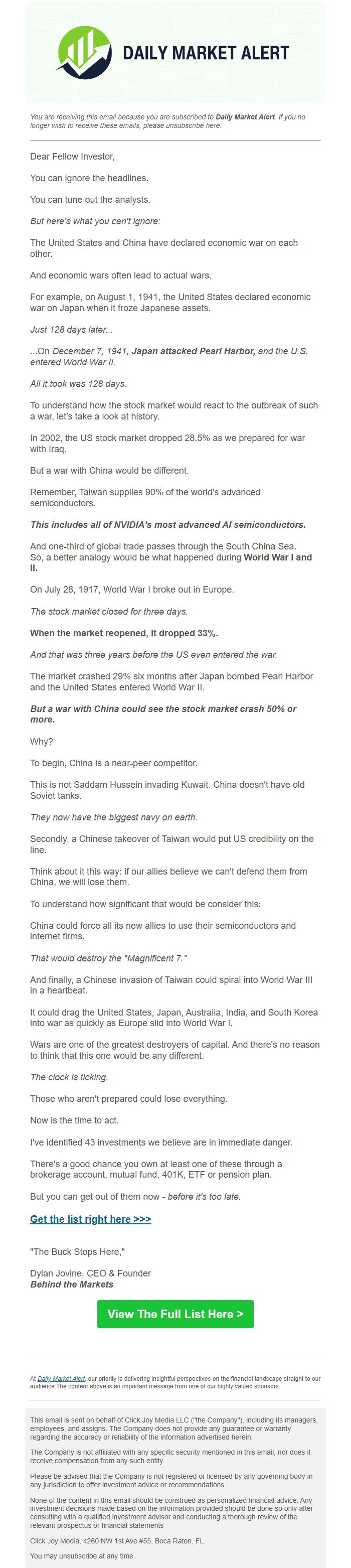 Screenshot of the email generated on import