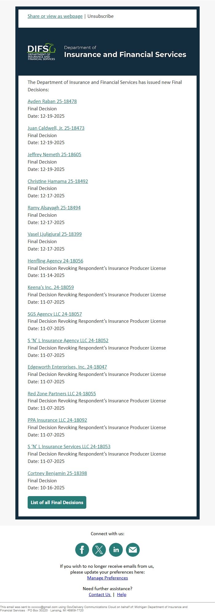 Screenshot of the email generated on import