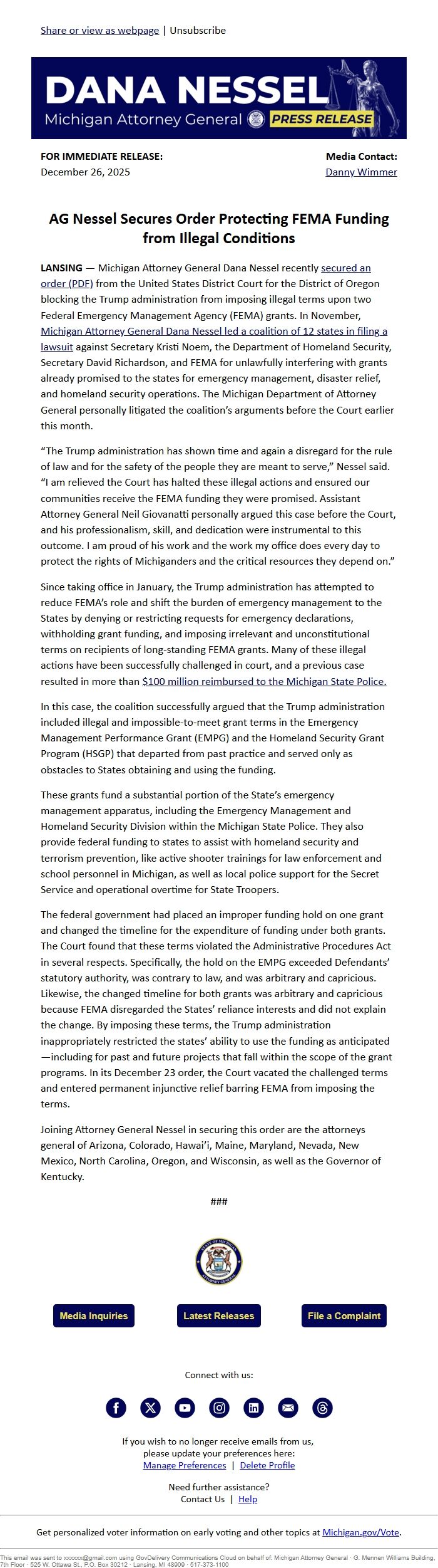 Screenshot of the email generated on import