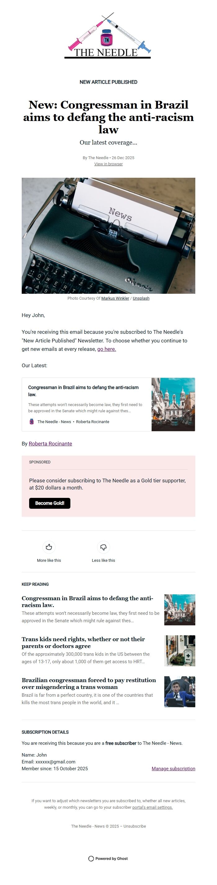 Screenshot of the email generated on import