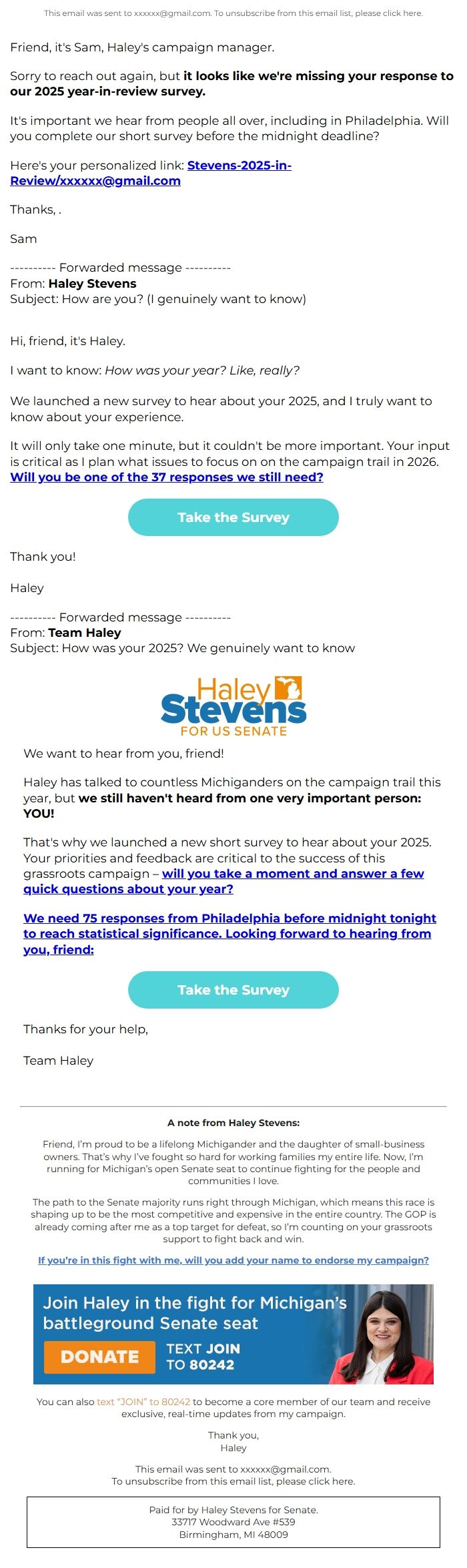 Screenshot of the email generated on import