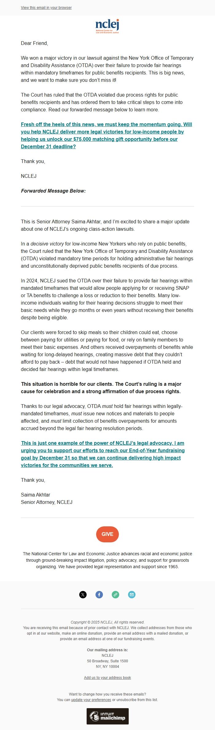 Screenshot of the email generated on import