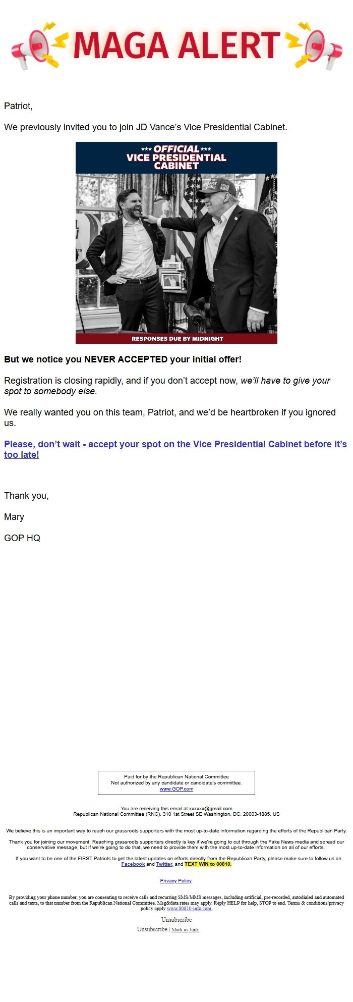 Screenshot of the email generated on import