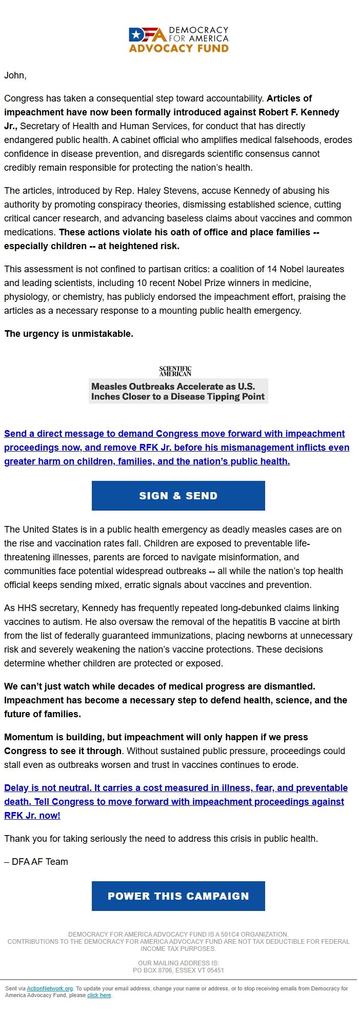 Screenshot of the email generated on import