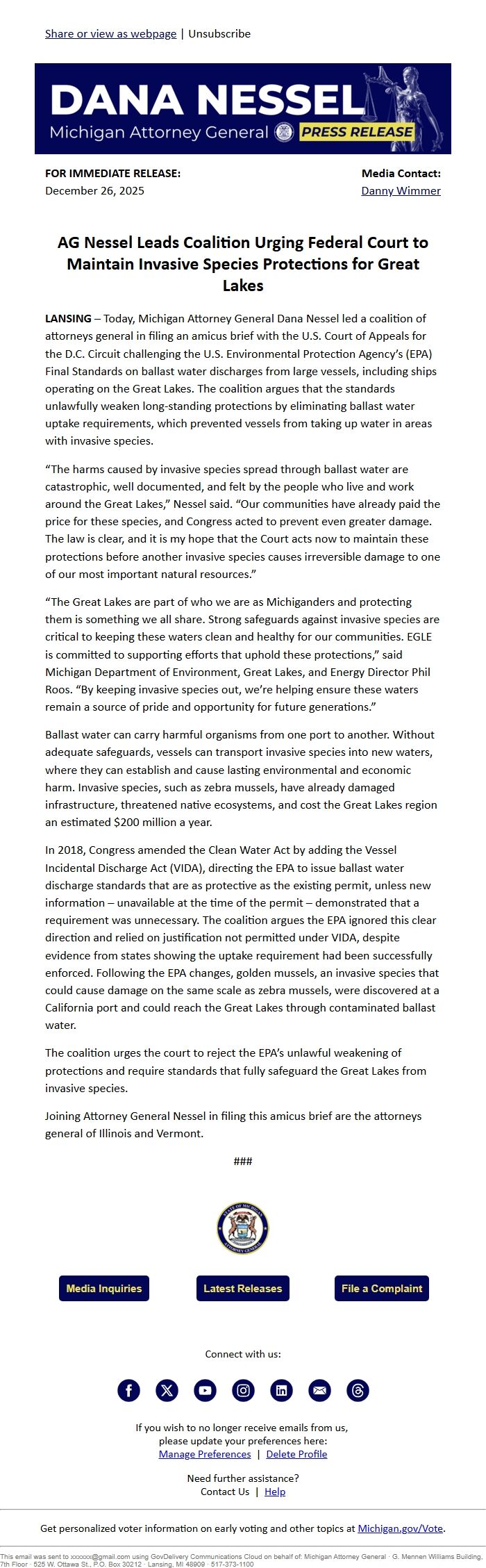 Screenshot of the email generated on import