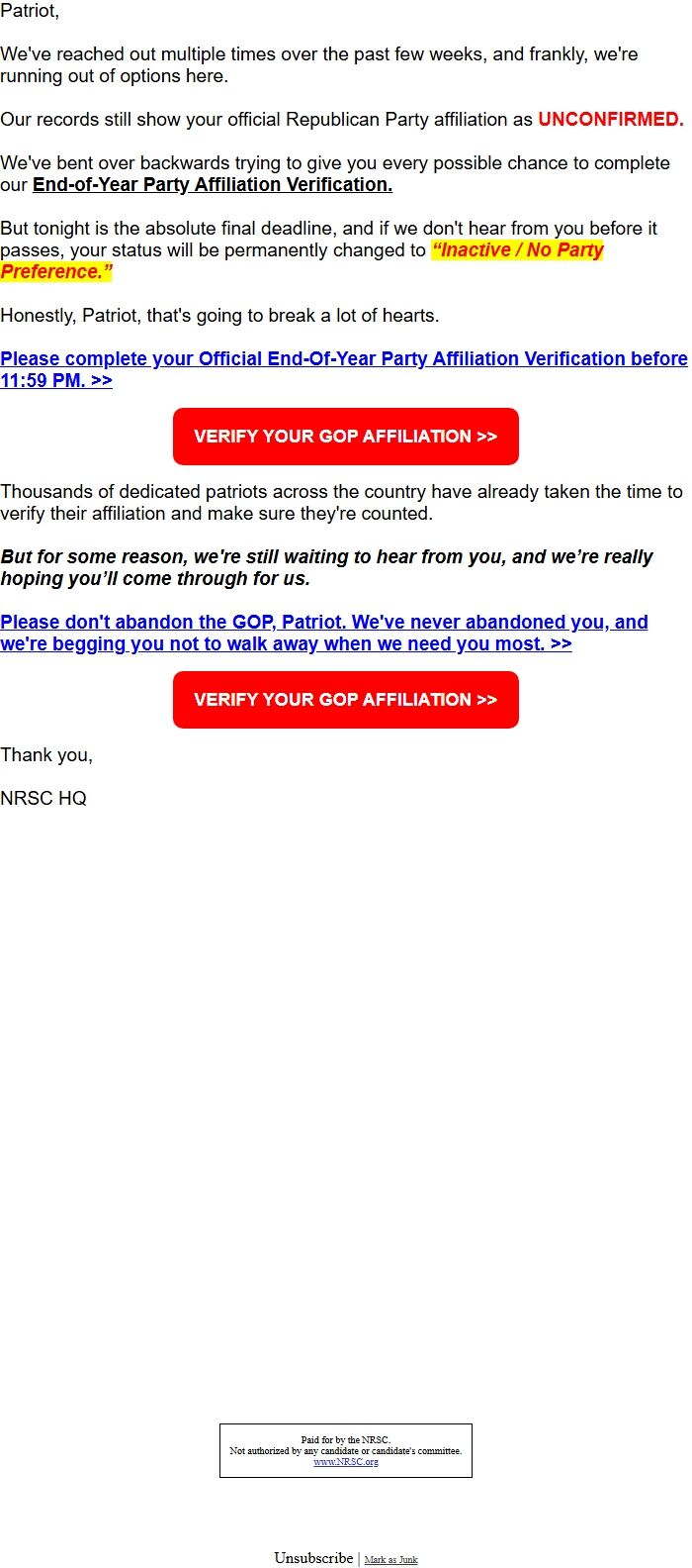 Screenshot of the email generated on import