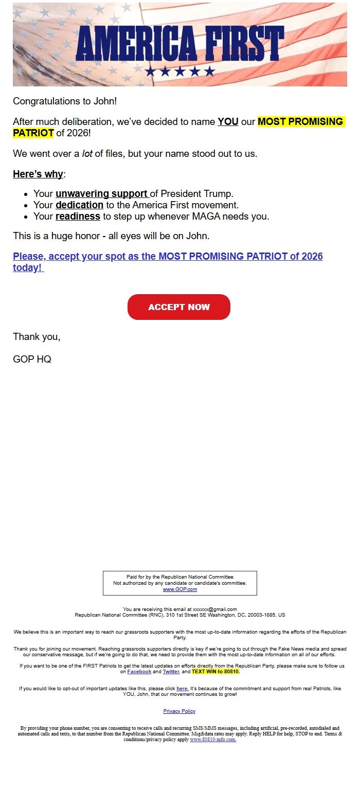 Screenshot of the email generated on import