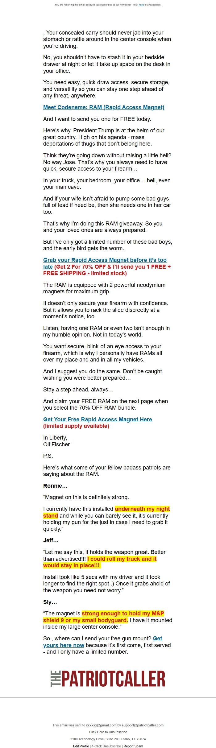 Screenshot of the email generated on import