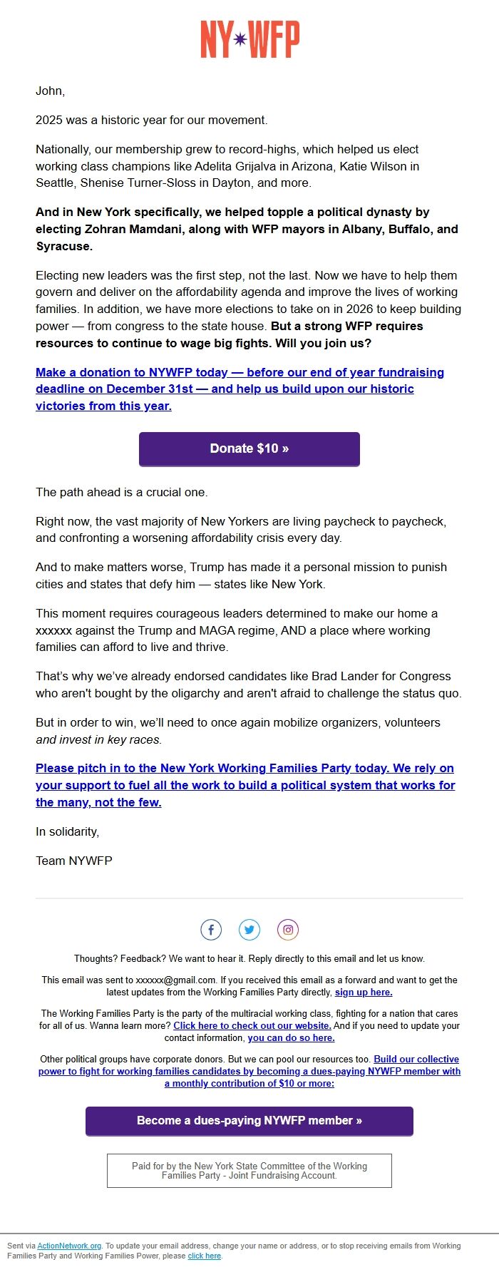 Screenshot of the email generated on import