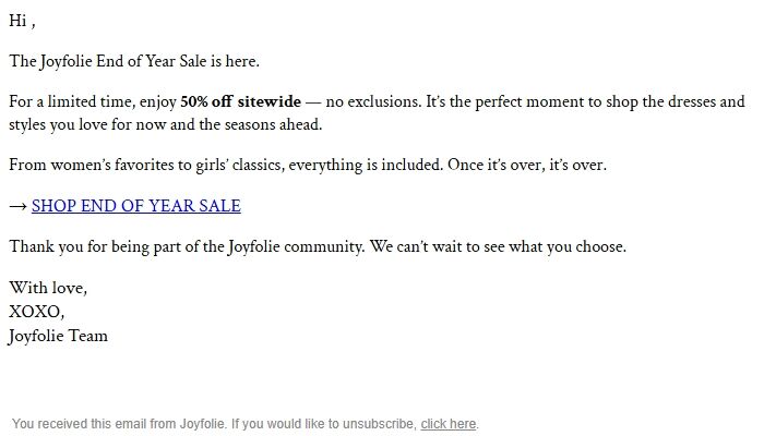 Screenshot of the email generated on import