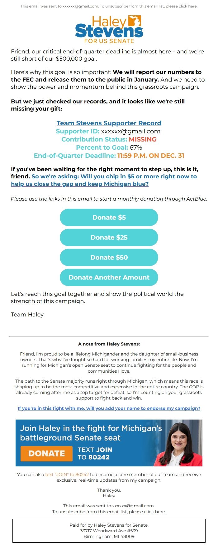 Screenshot of the email generated on import