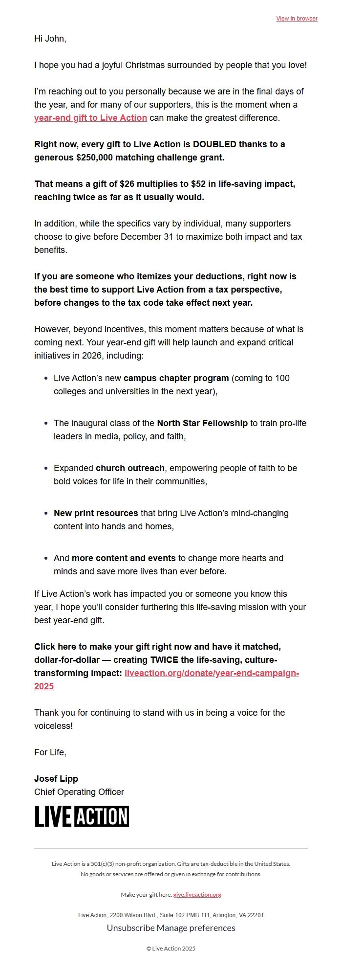 Screenshot of the email generated on import