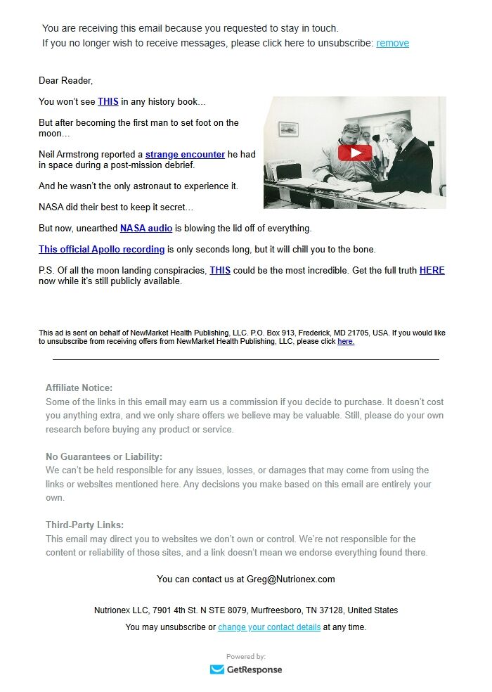 Screenshot of the email generated on import