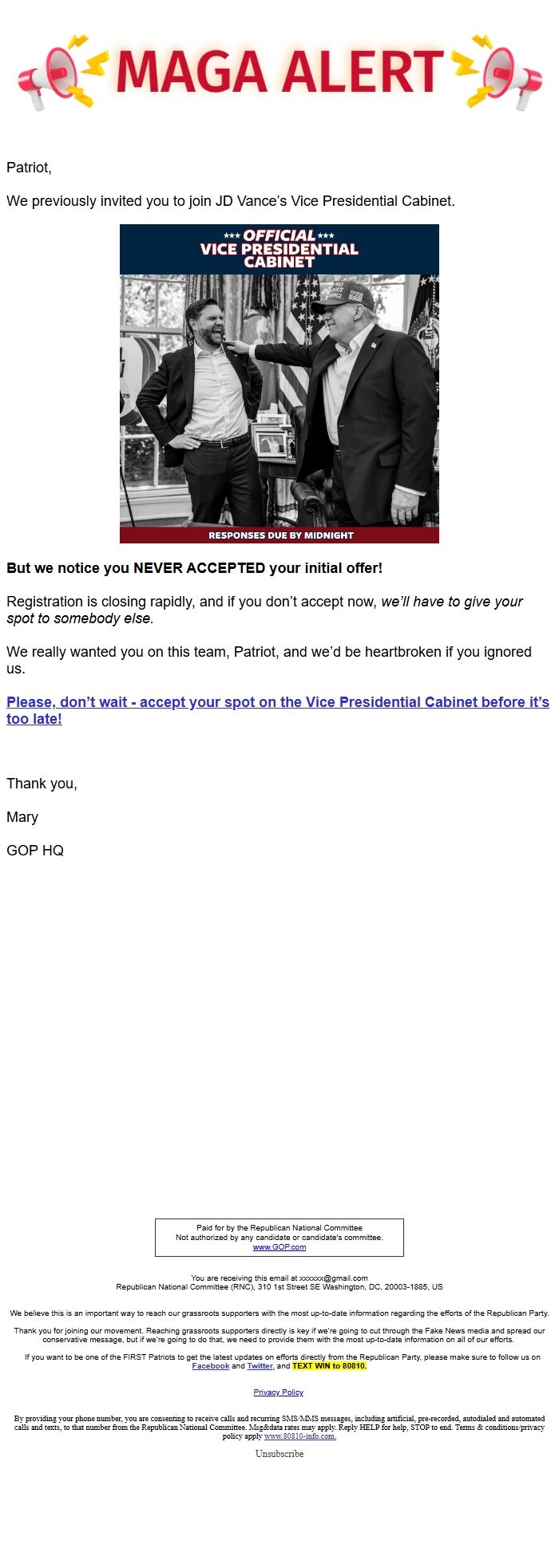 Screenshot of the email generated on import