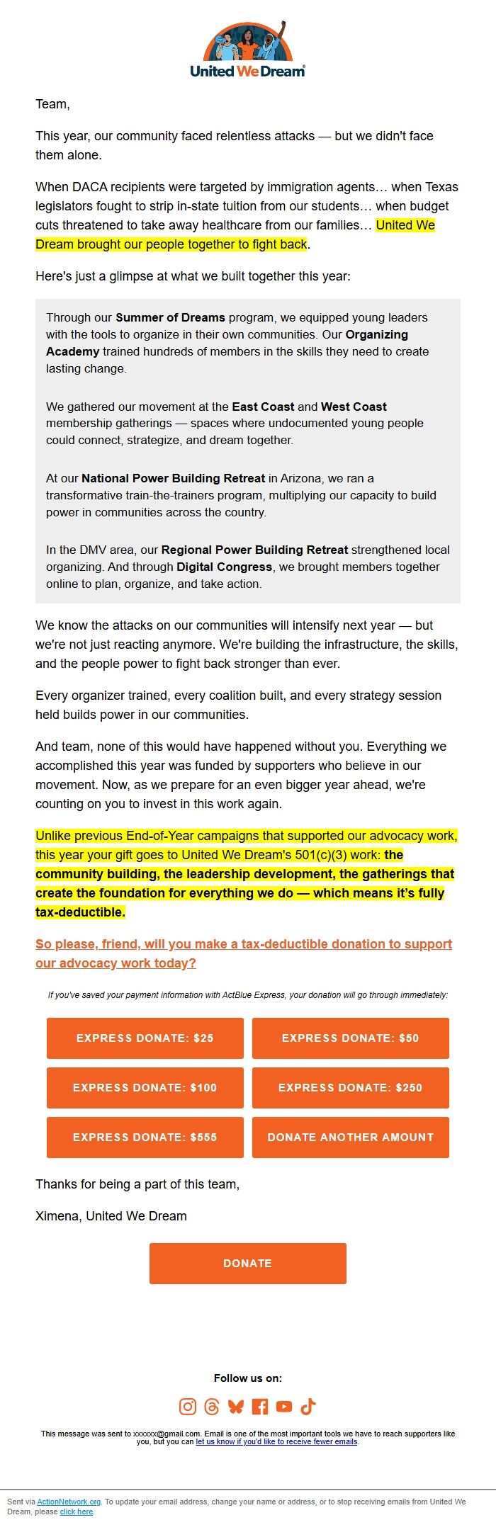 Screenshot of the email generated on import