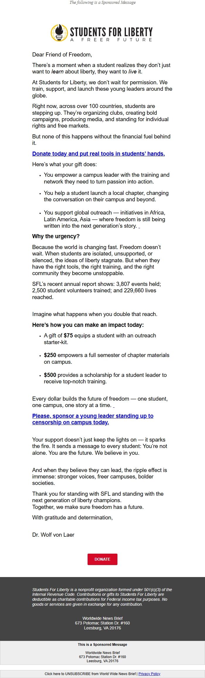 Screenshot of the email generated on import