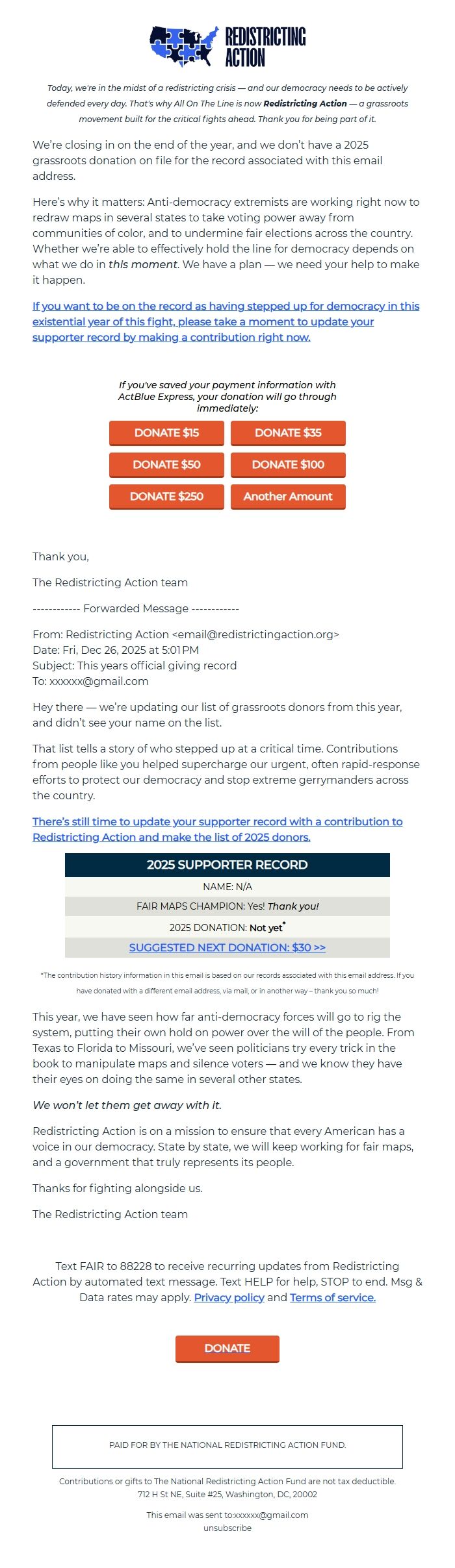 Screenshot of the email generated on import