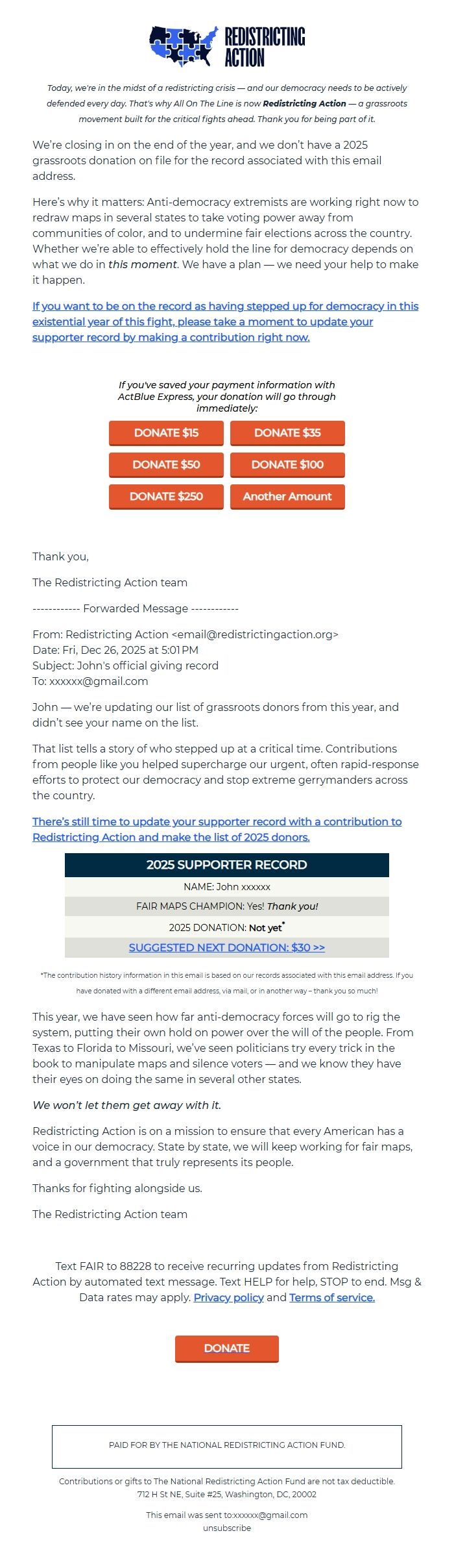 Screenshot of the email generated on import