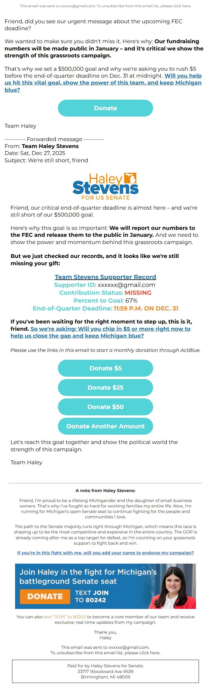 Screenshot of the email generated on import