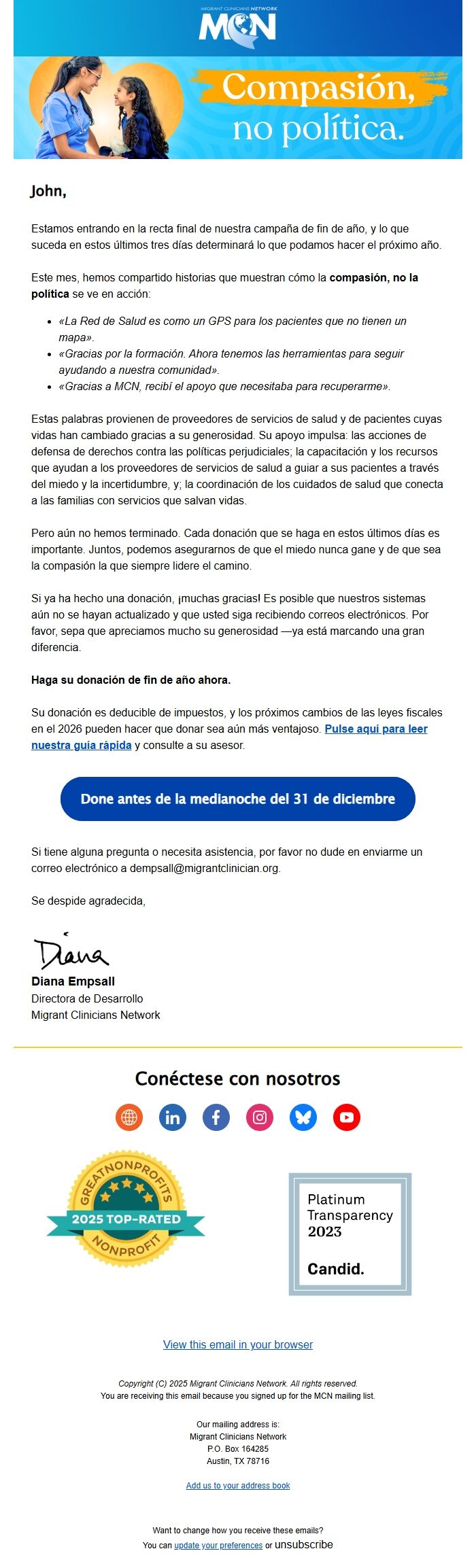 Screenshot of the email generated on import