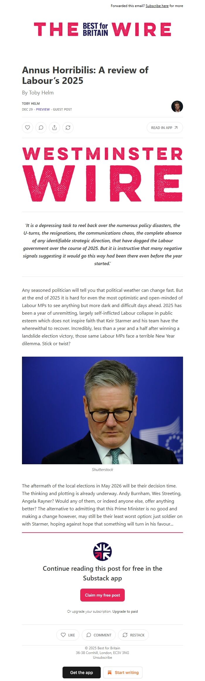 Screenshot of the email generated on import