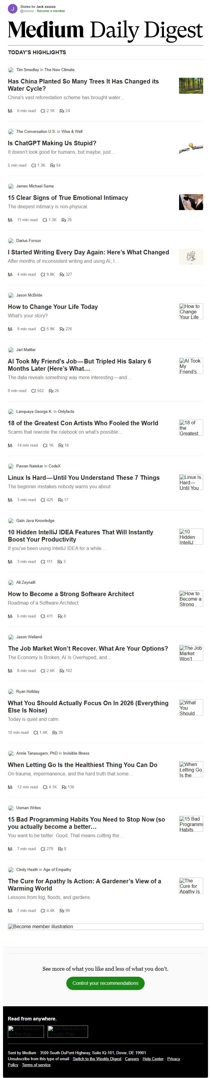 Screenshot of the email generated on import