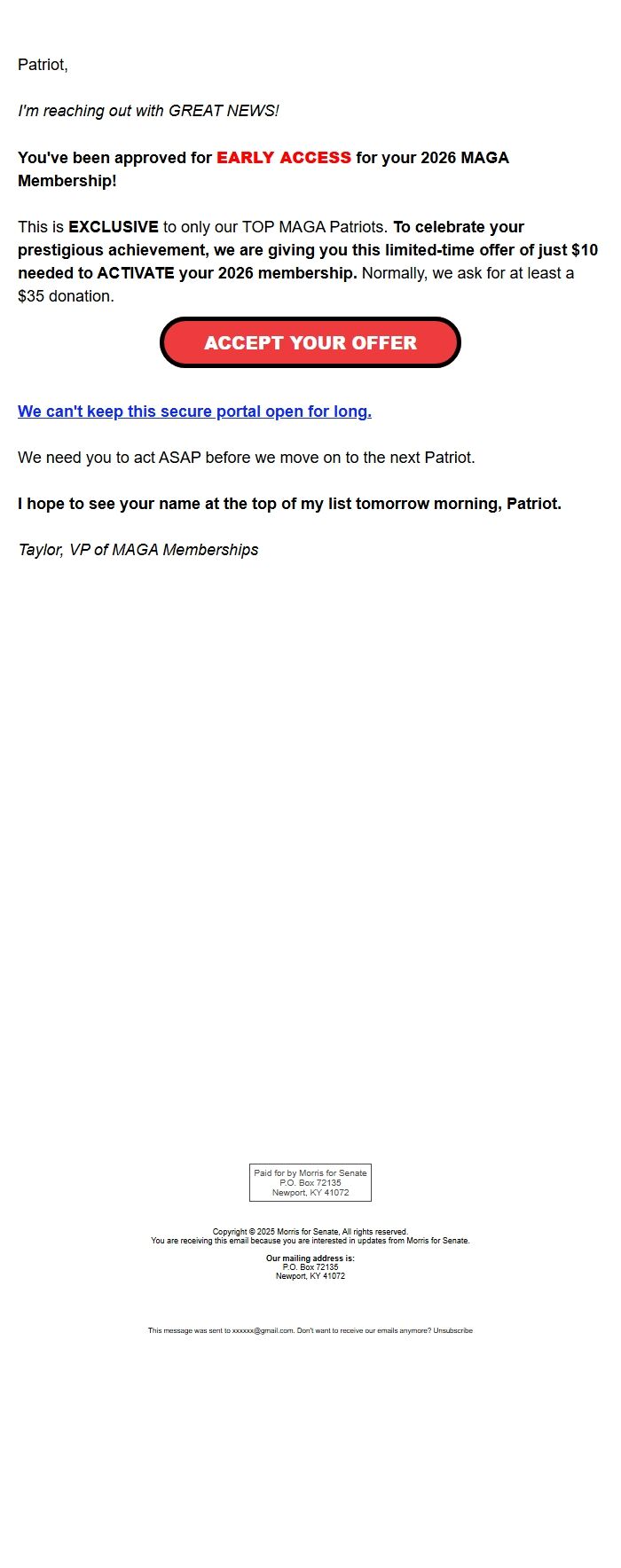 Screenshot of the email generated on import