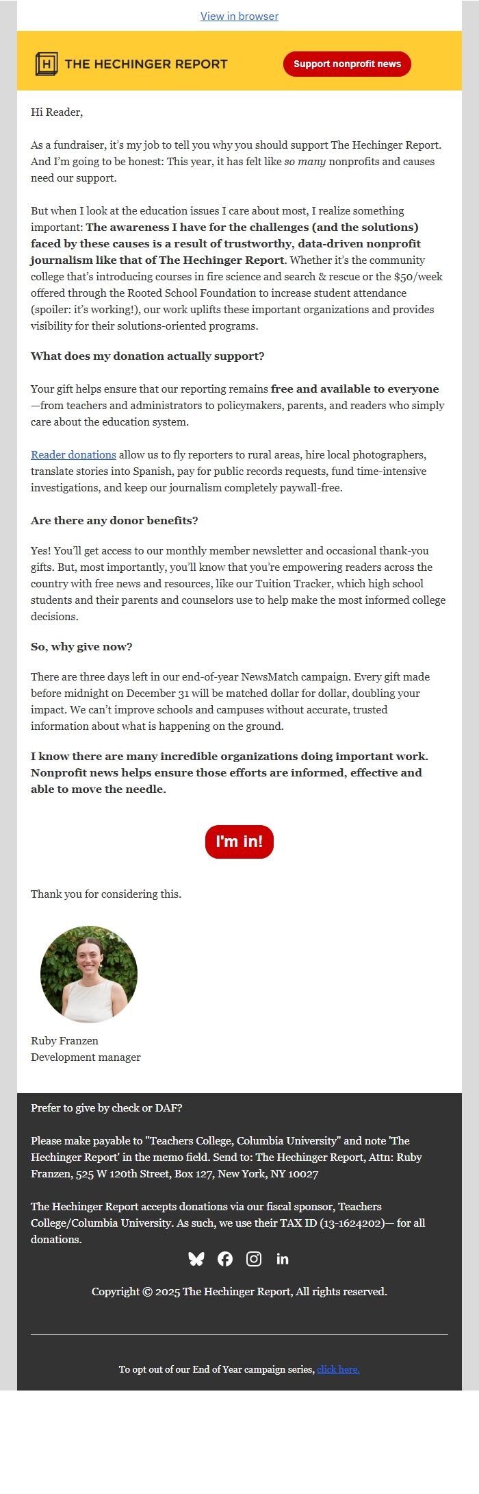 Screenshot of the email generated on import