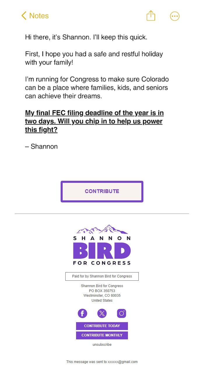 Screenshot of the email generated on import