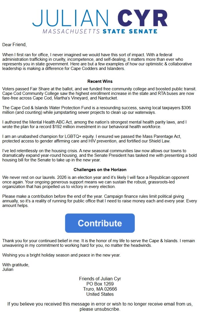 Screenshot of the email generated on import