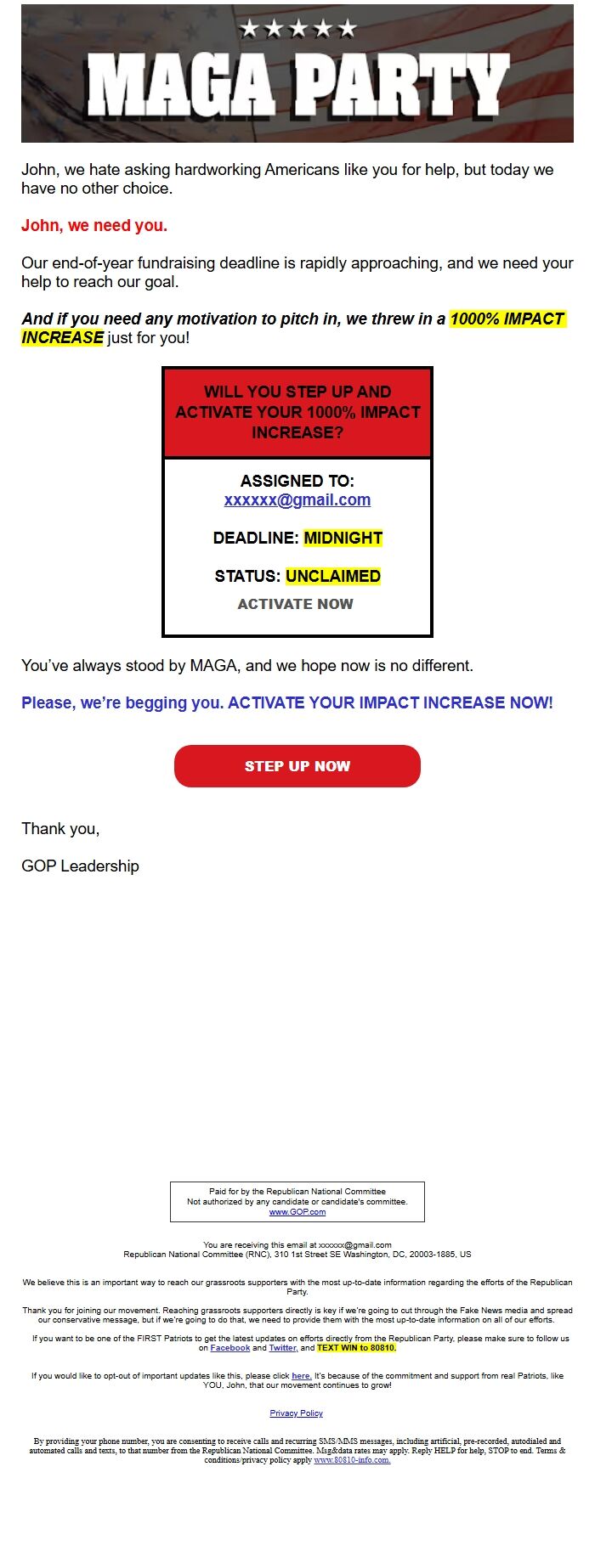 Screenshot of the email generated on import