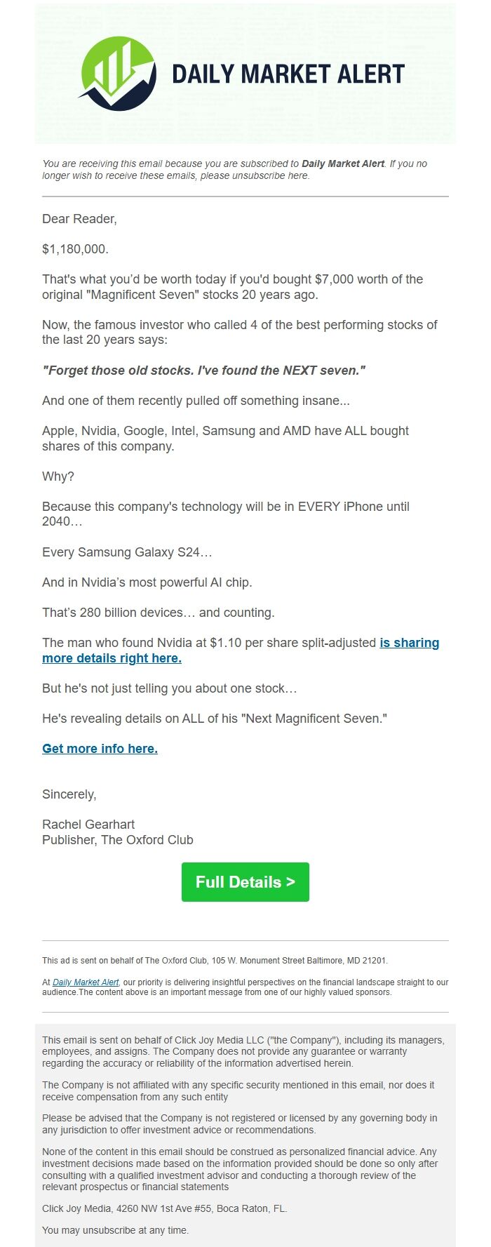 Screenshot of the email generated on import