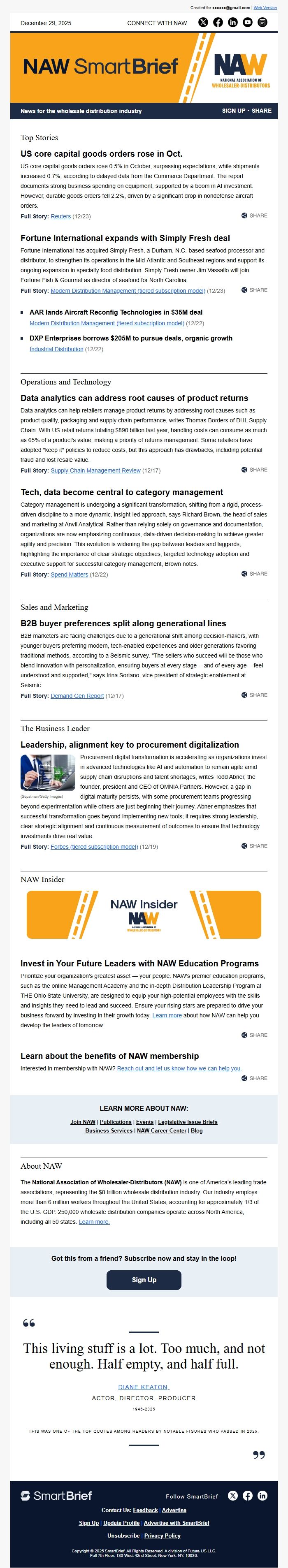 Screenshot of the email generated on import