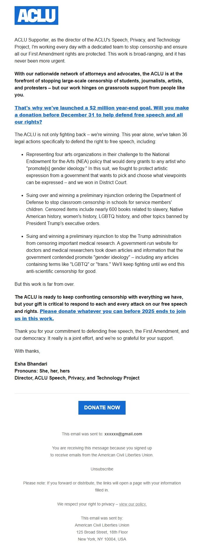 Screenshot of the email generated on import