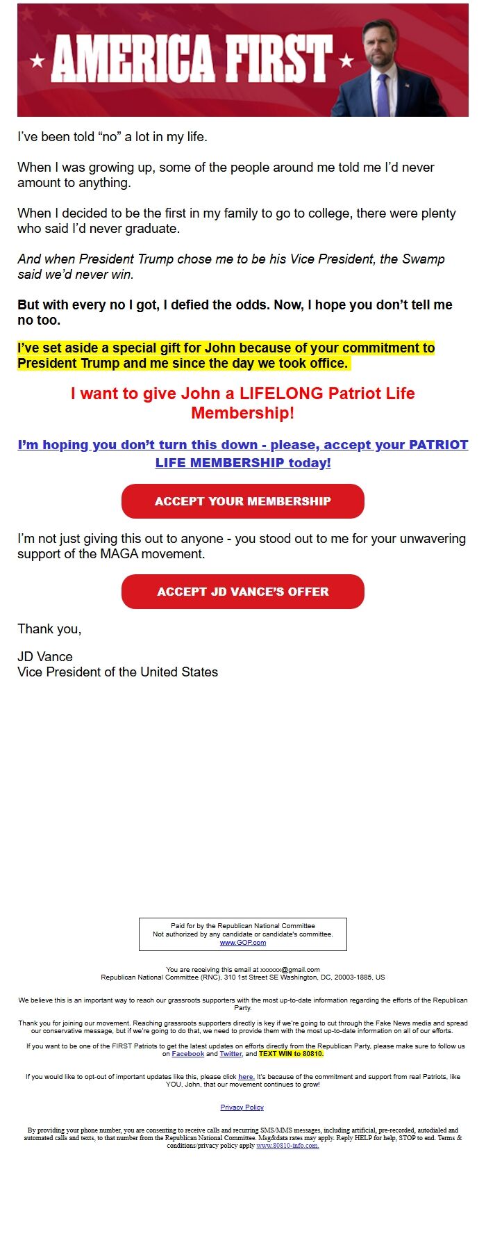 Screenshot of the email generated on import