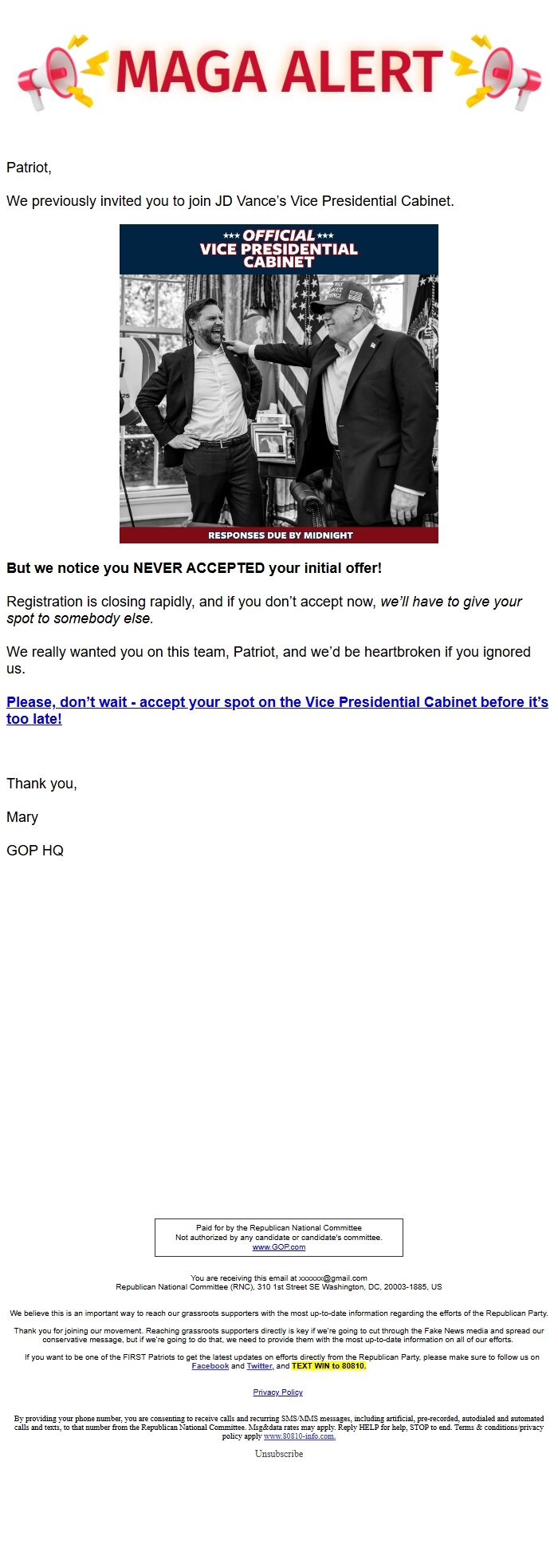 Screenshot of the email generated on import