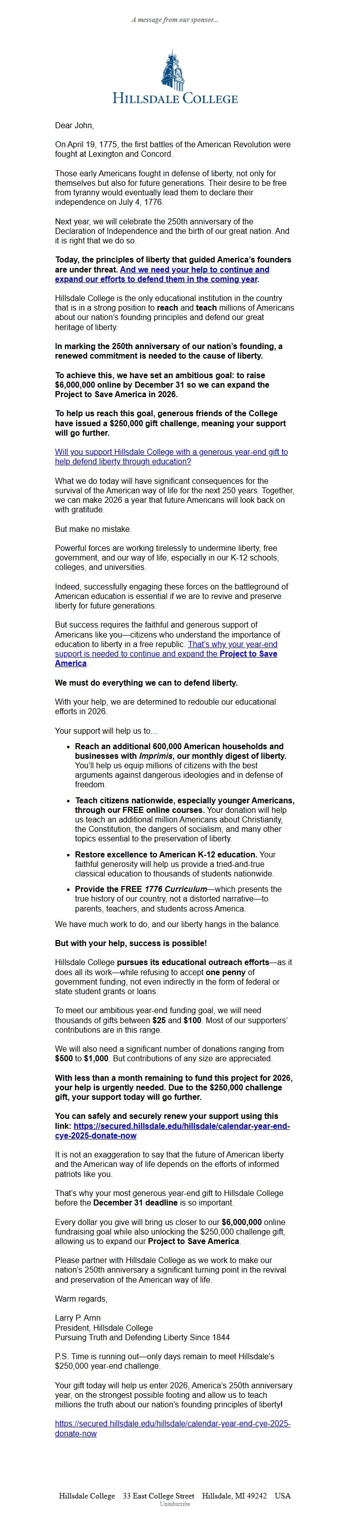 Screenshot of the email generated on import