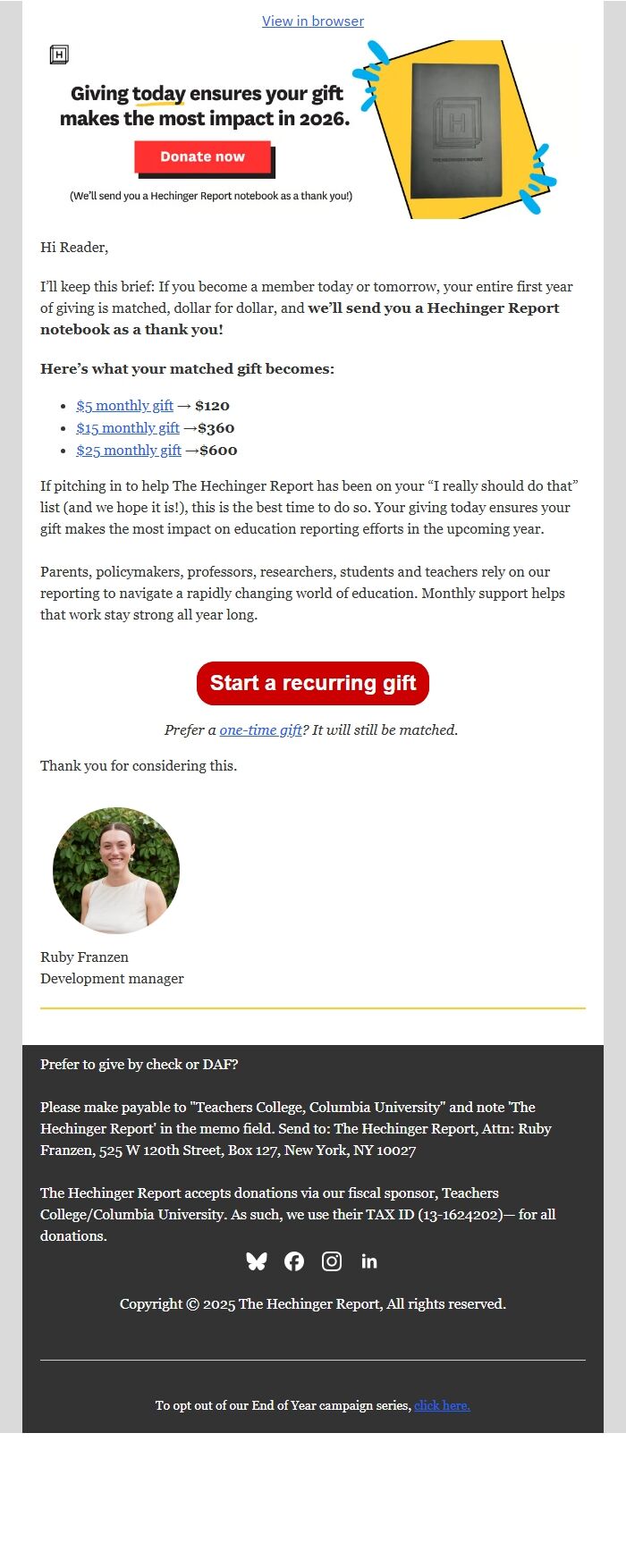 Screenshot of the email generated on import