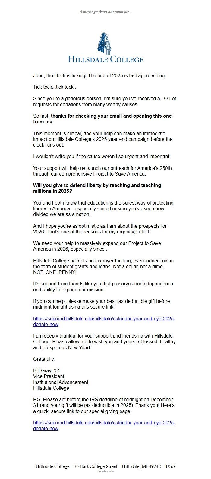 Screenshot of the email generated on import