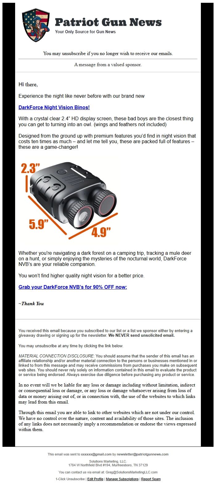 Screenshot of the email generated on import