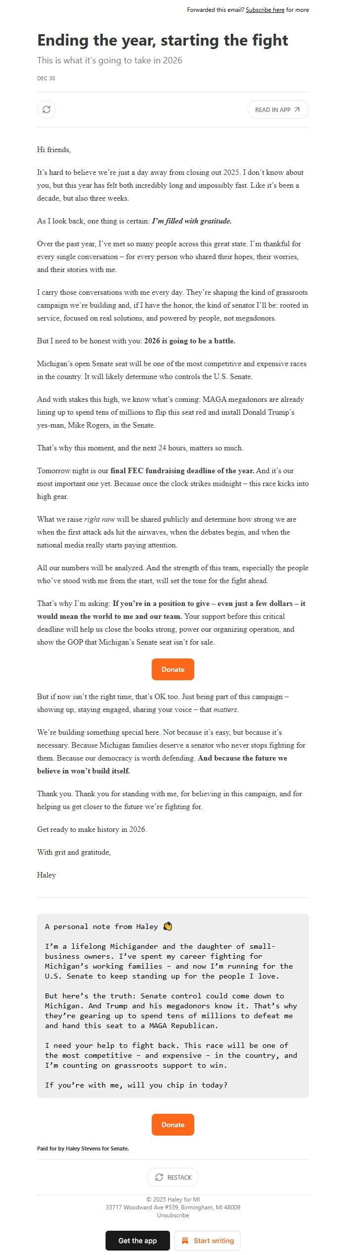 Screenshot of the email generated on import