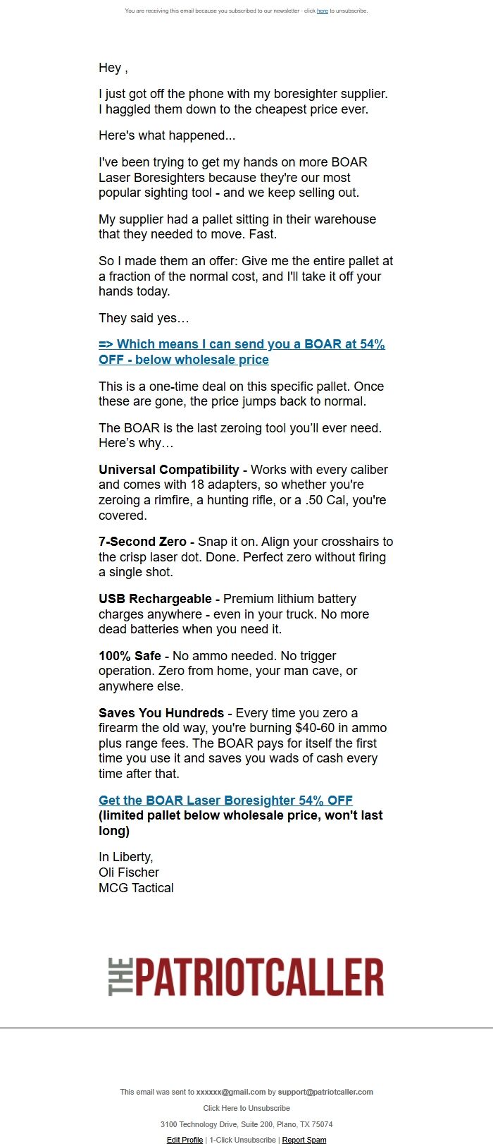 Screenshot of the email generated on import