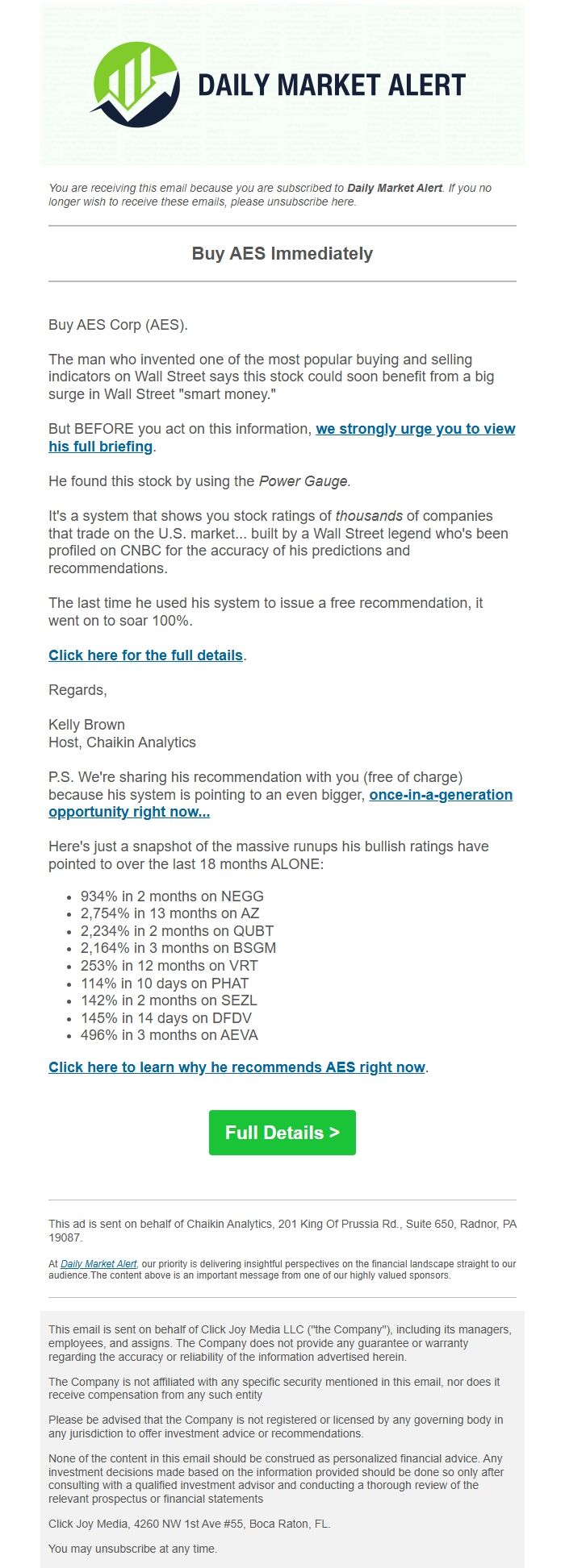 Screenshot of the email generated on import