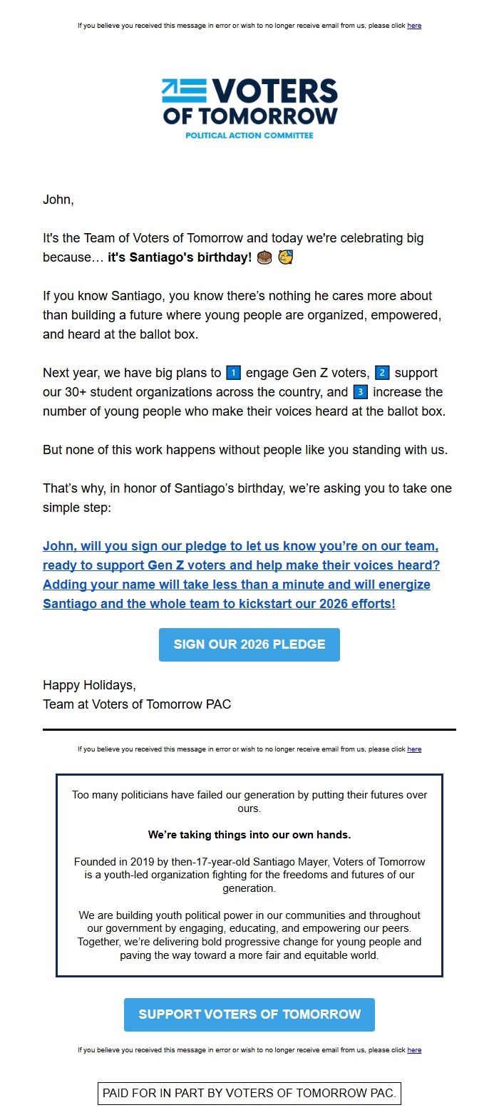 Screenshot of the email generated on import