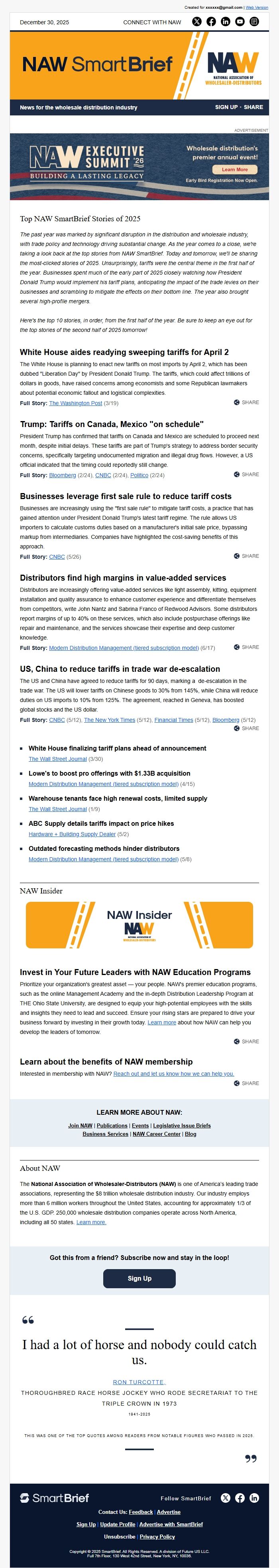 Screenshot of the email generated on import