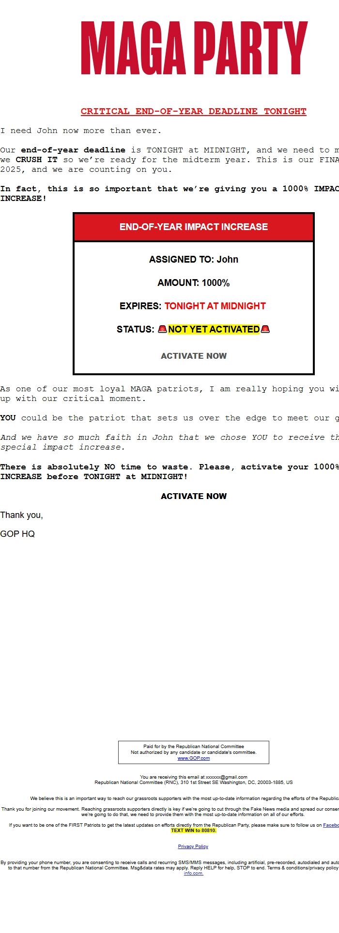 Screenshot of the email generated on import