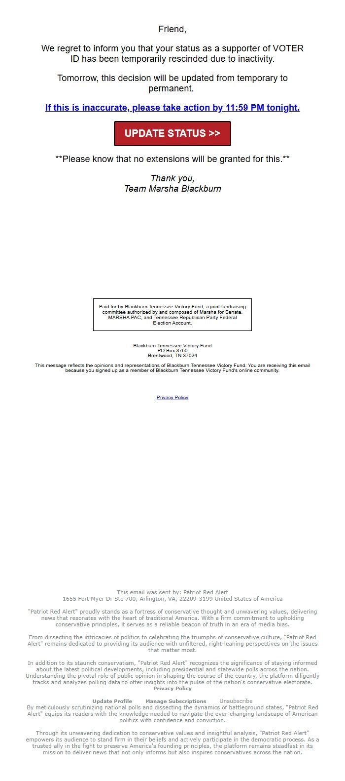 Screenshot of the email generated on import