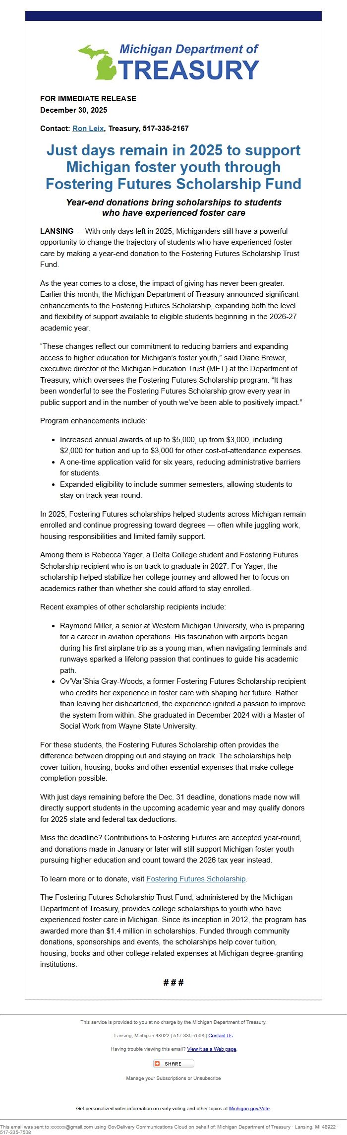 Screenshot of the email generated on import