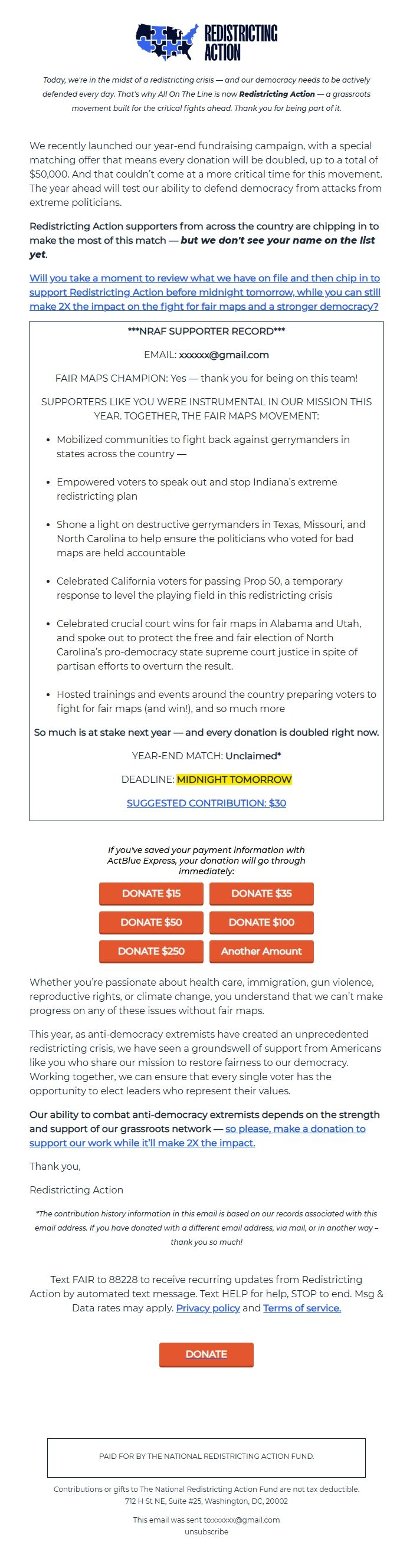 Screenshot of the email generated on import